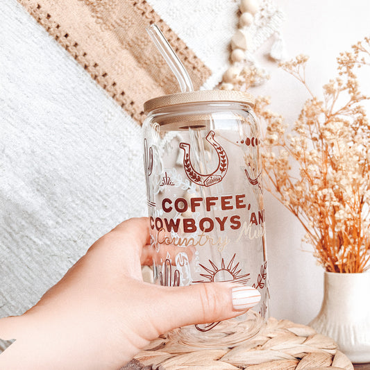 Coffee, Cowboys And Country Music Glass Tumbler