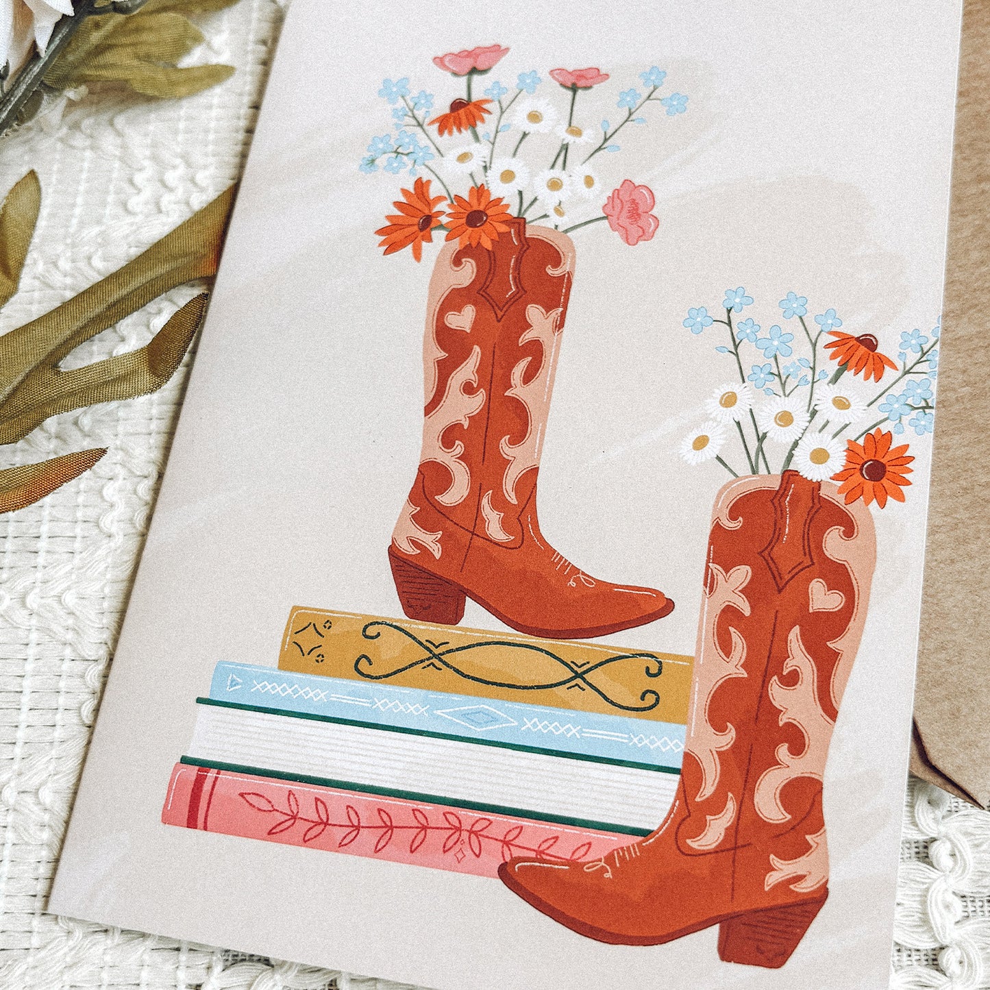 Cowboy Boots and Books Greetings Card