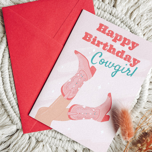 Pink Happy Birthday Cowgirl Greetings Card