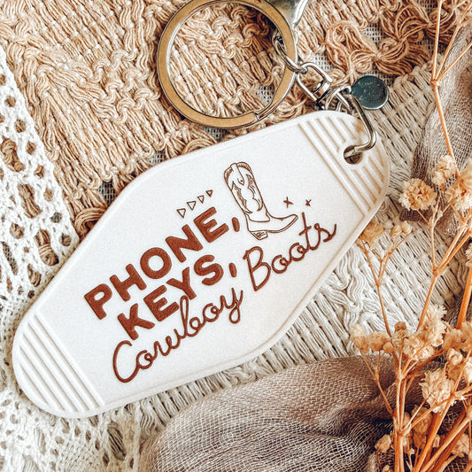 Phone, Keys, Cowboy Boots Motel Keychain