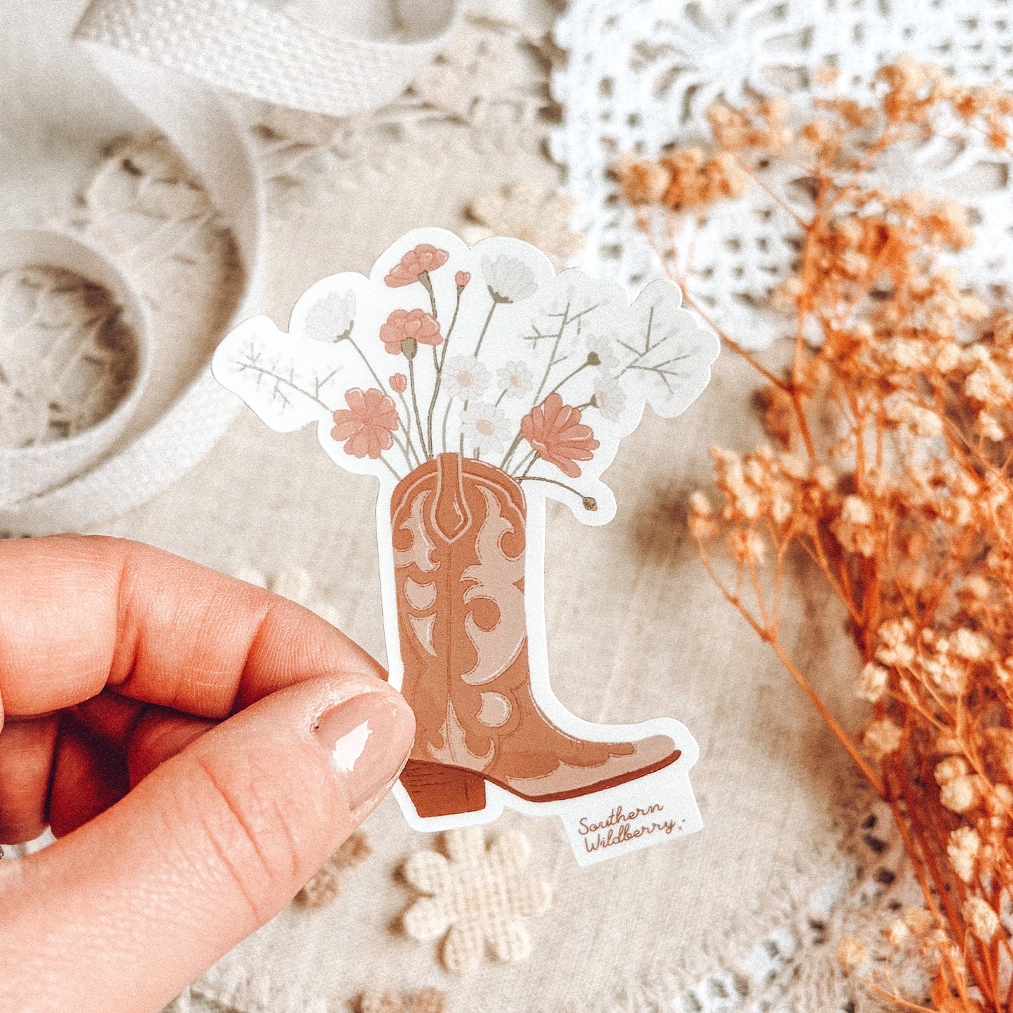 Western Cowboy Boot And Flowers Sticker