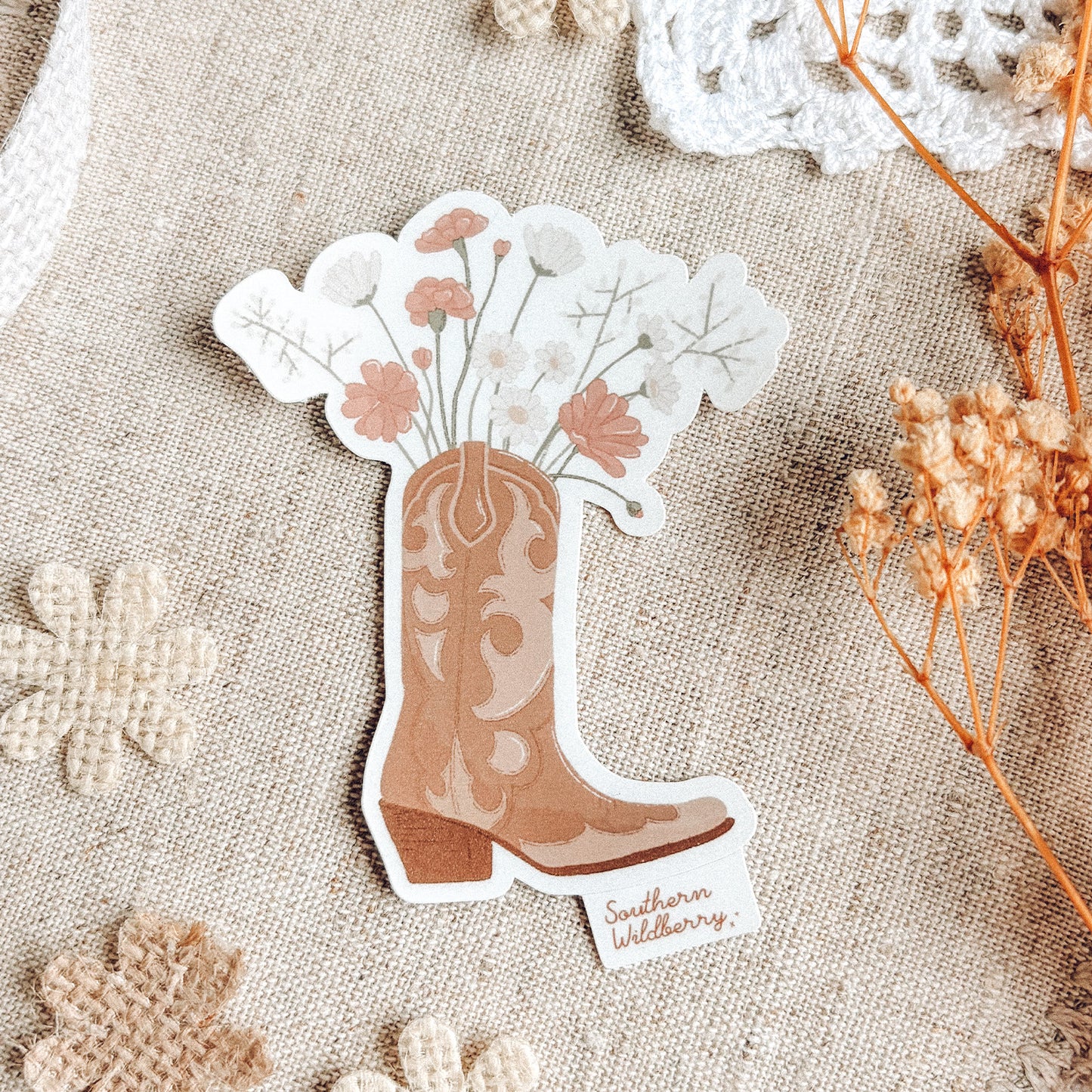Western Cowboy Boot And Flowers Sticker
