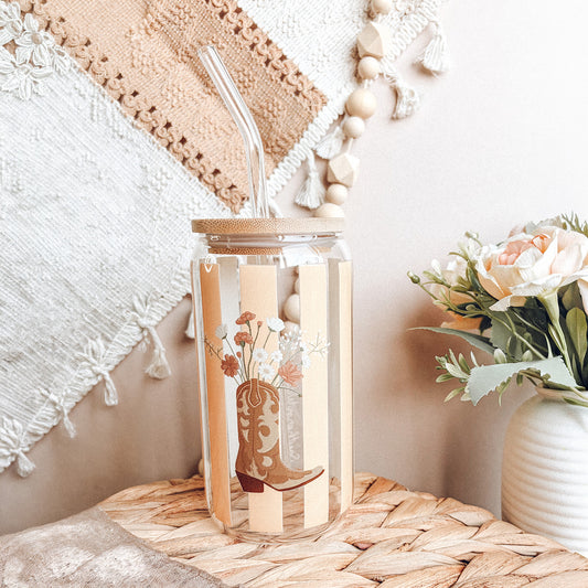 Floral Cowboy Boot Glass Tumbler