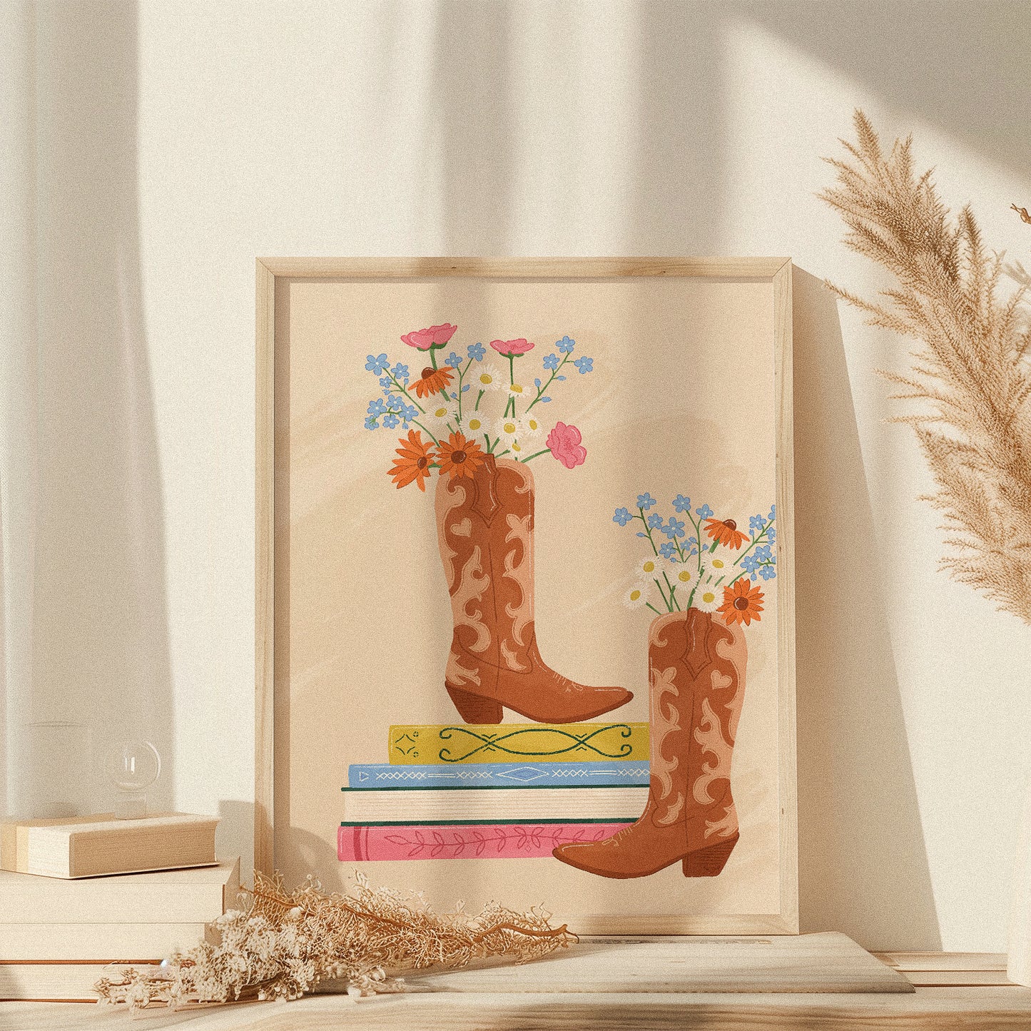 Cowboy Boots, Wildflowers And Books Print