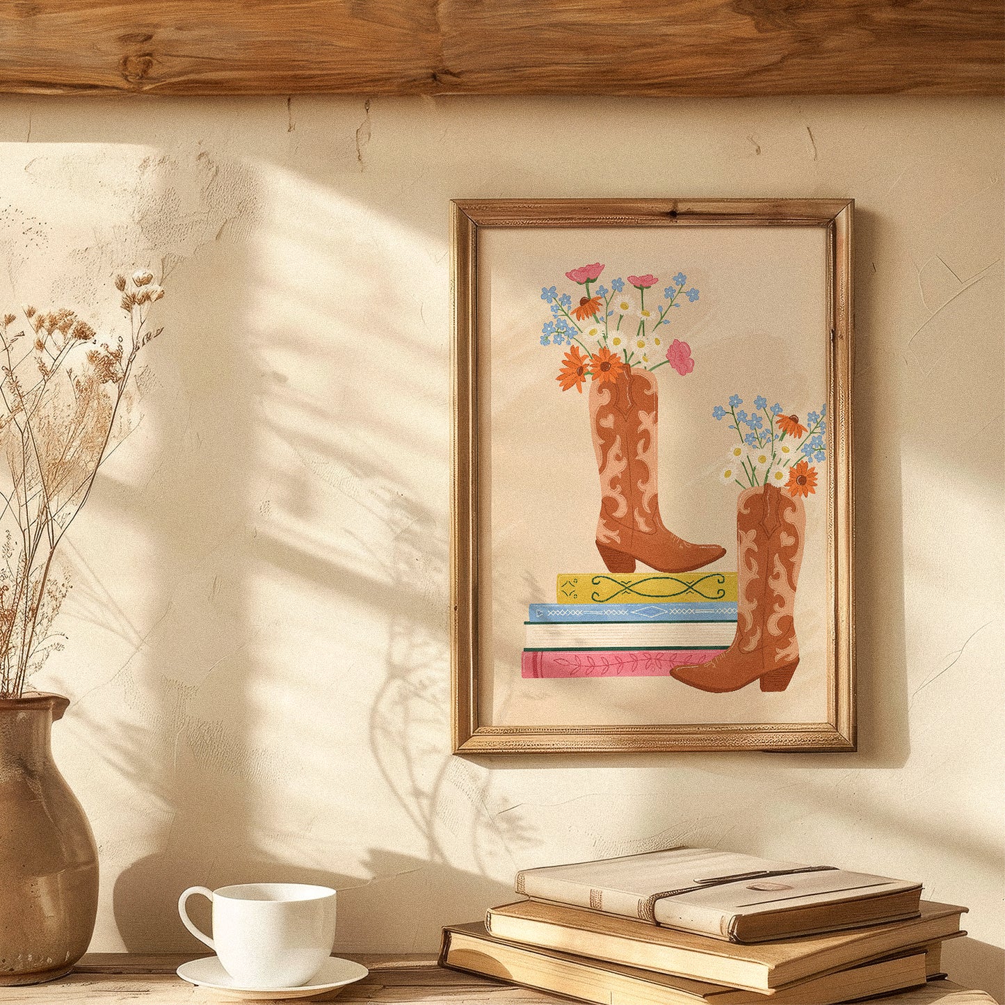 Cowboy Boots, Wildflowers And Books Print