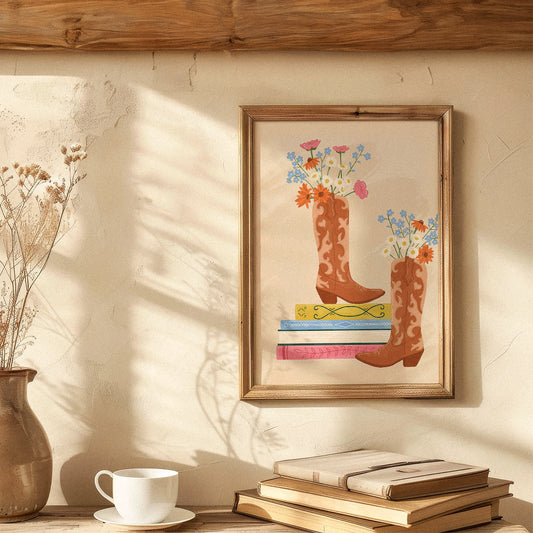 Cowboy Boots, Wildflowers And Books Print