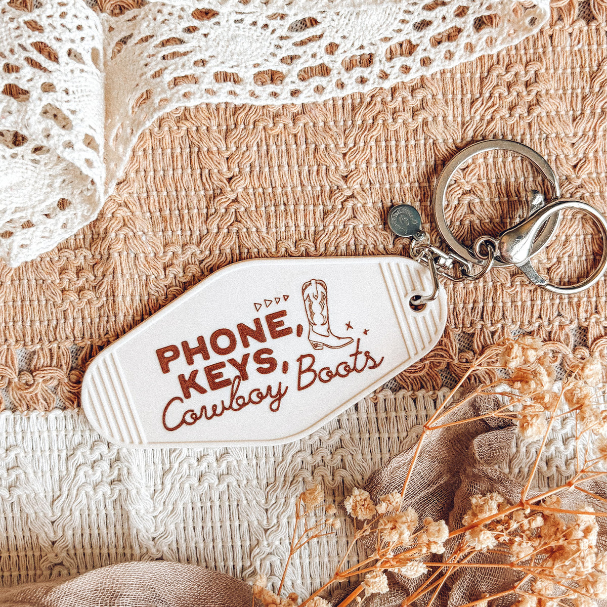 Phone, Keys, Cowboy Boots Motel Keychain