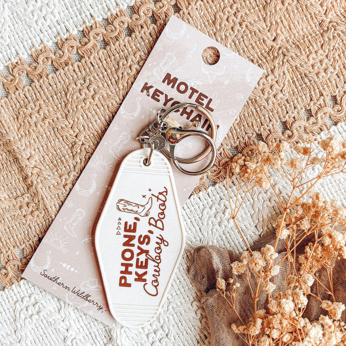 Phone, Keys, Cowboy Boots Motel Keychain
