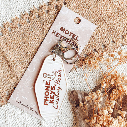 Phone, Keys, Cowboy Boots Motel Keychain