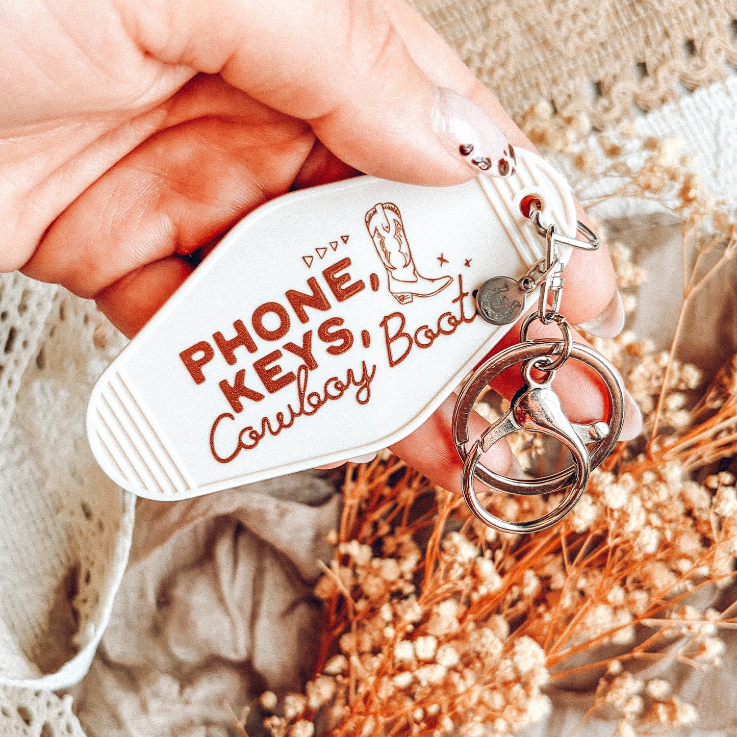Phone, Keys, Cowboy Boots Motel Keychain