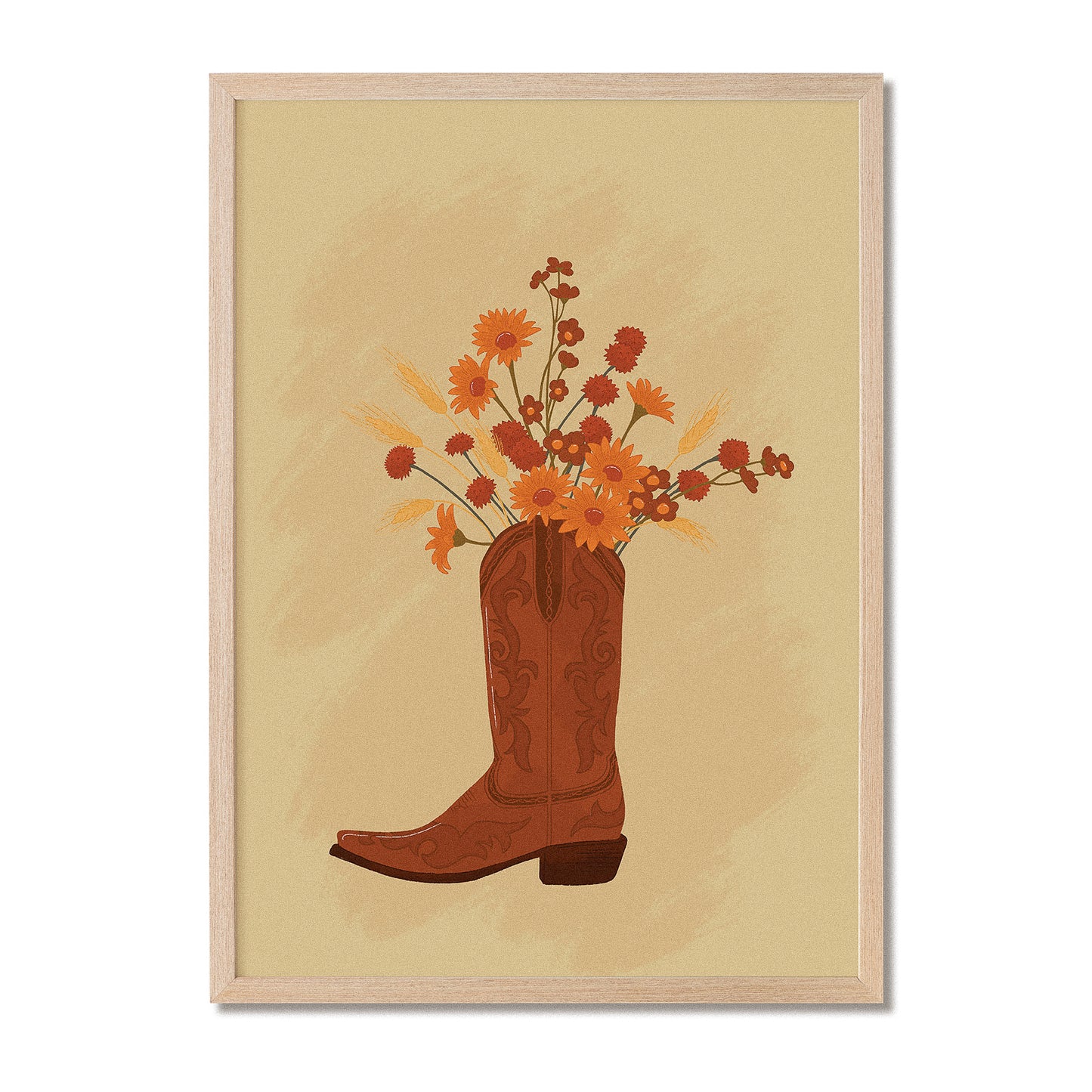 Framed artwork of a brown cowboy boot with flowers on a white background