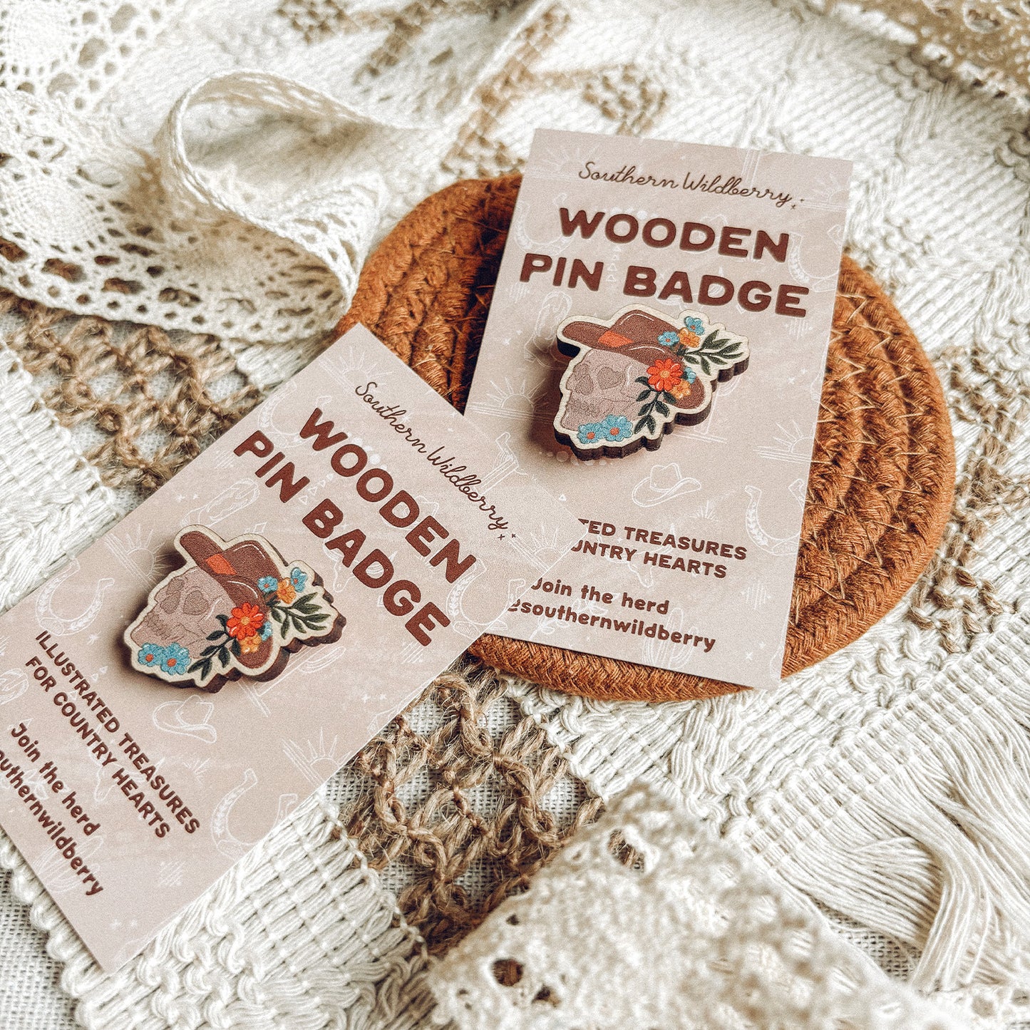 Cowboy Skull Wooden Pin Badge