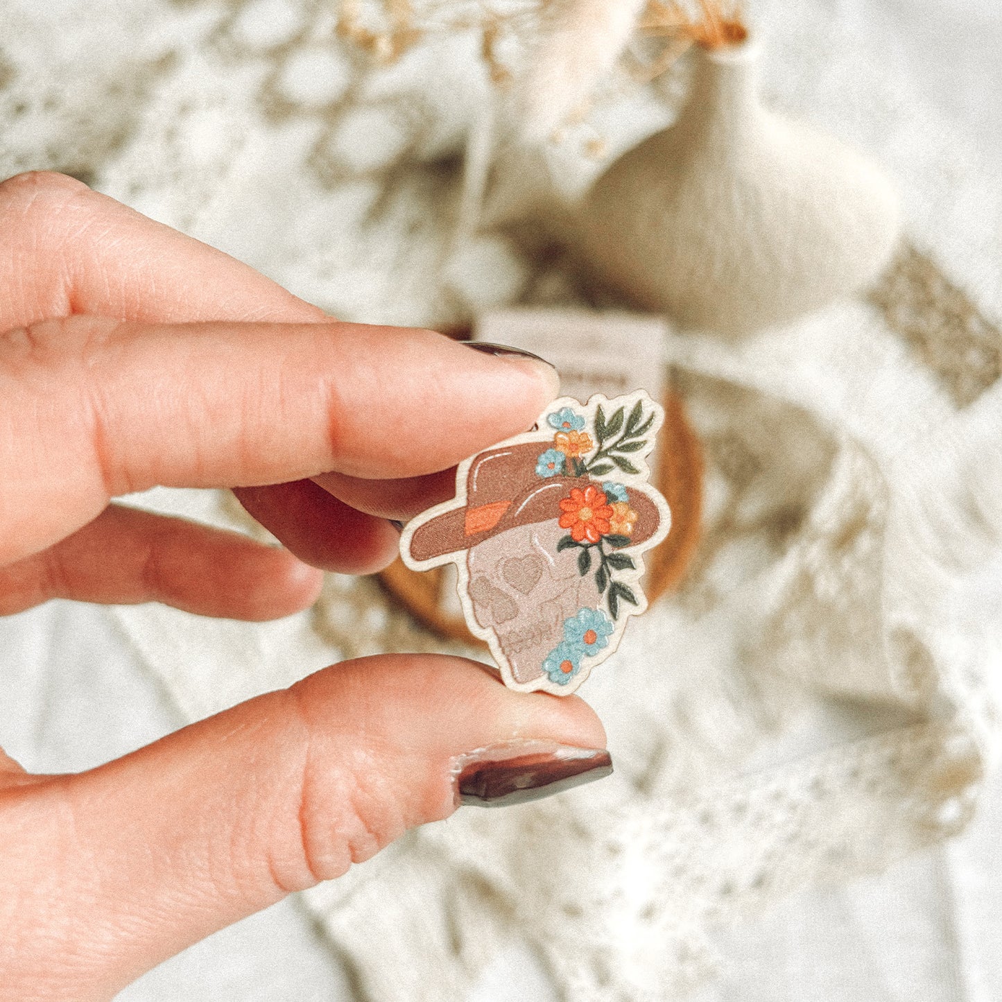 Cowboy Skull Wooden Pin Badge