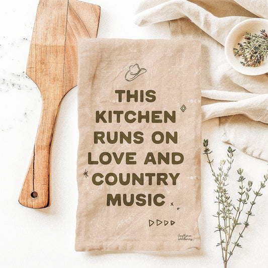 This Kitchen Runs On Love And Country Music Tea Towel