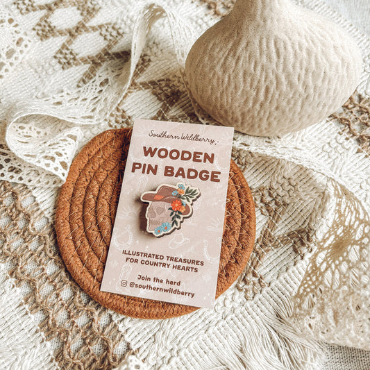 Cowboy Skull Wooden Pin Badge